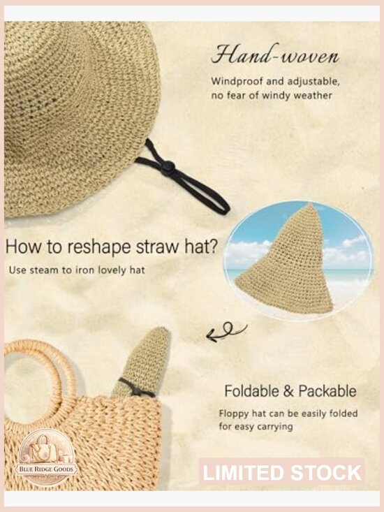 Handwoven Floppy Bucket Sun Hat with Wide Brim Adjustable Velcro Breathable main image 5
